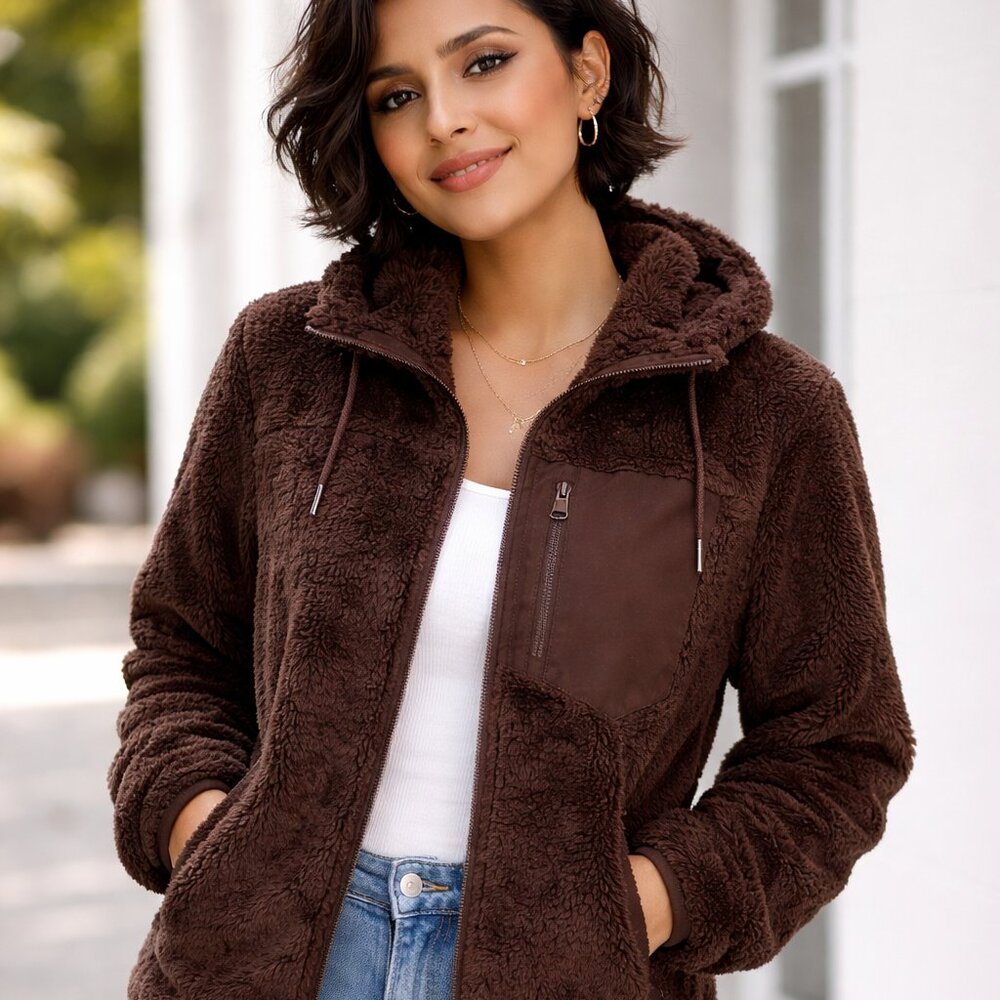 ZeroXposur Women's Brown Sherpa Zip-Up Hoodie Coat
